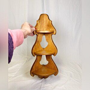 Vintage Farmhouse Solid Oak Wood Country Cottage Three Tier Corner Wall Shelf